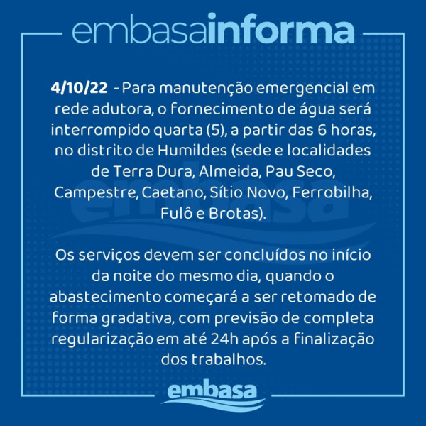 Abastecimento de água será temporariamente interrompido quarta-feira (5) no distrito de Humildes