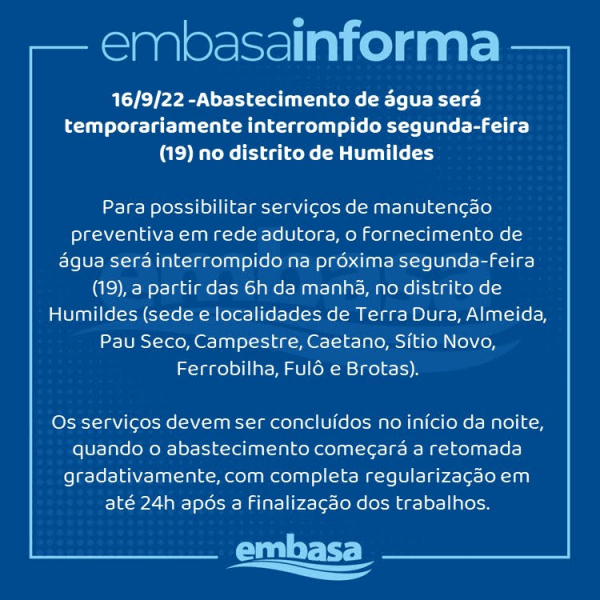 Abastecimento de água será temporariamente interrompido segunda-feira (19) no distrito de Humildes