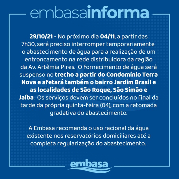 Abastecimento será interrompido no final da Artêmia Pires no próximo dia (04)