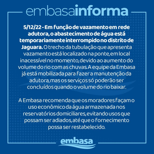 Vazamento em adutora interrompe abastecimento em Jaguara